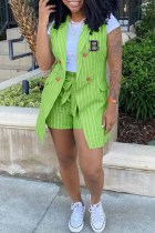 Fluorescent Green Casual Striped Letter With Belt Turn-back Collar Sleeveless Two Pieces