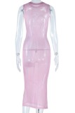 Pink Sexy Casual Print See-through Slit O Neck Long Dress Dresses