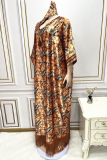 Blue Plus Size Print Tassel Patchwork V Neck Straight Dresses(With Headscarf)