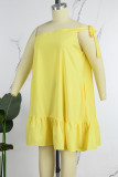 Yellow Casual Sweet Simplicity Frenulum Solid Color One Shoulder Asymmetrical Dresses