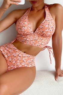 Orange Sexy Print Bandage Backless Swimwears (With Paddings)