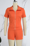 Orange Casual Solid Patchwork Zipper Collar Short Sleeve Two Pieces