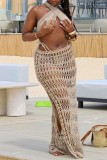 Blue Sexy Solid Hollowed Out Backless Slit Halter Sleeveless Two Pieces