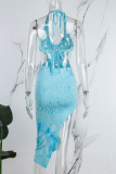 Blue Sexy Tie Dye Hollowed Out Backless Fold Strap Design Halter Irregular Dress Dresses