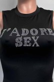 Black Street Letter Hot Drill O Neck Tops