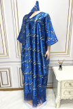 Blue Plus Size Print Tassel Patchwork V Neck Straight Dresses(With Headscarf)