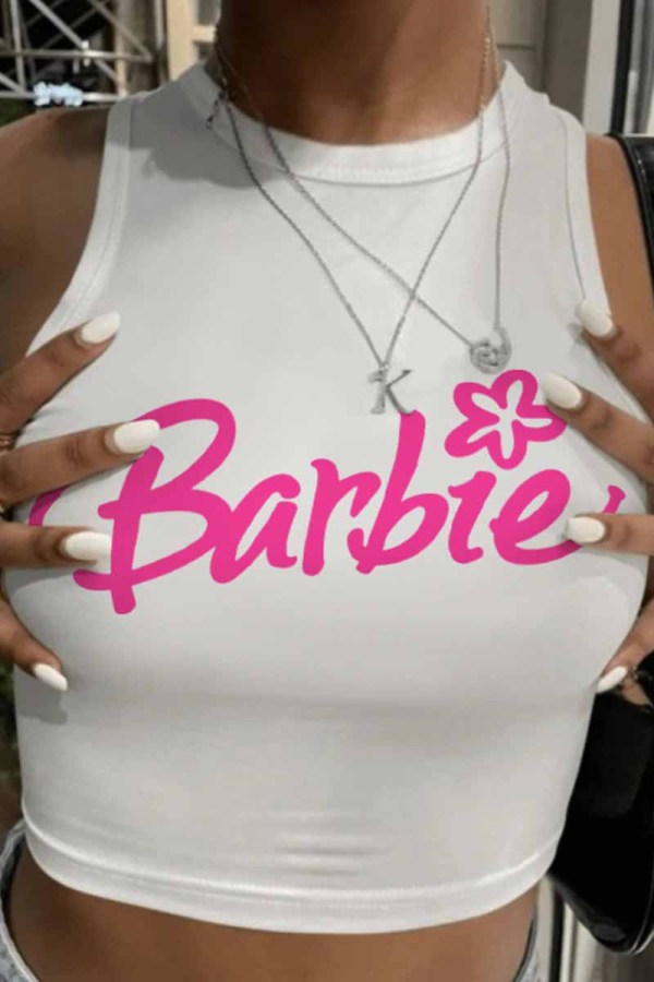 White Sexy Street Print Letter O Neck Tops