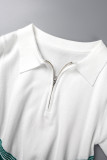 Green Casual Patchwork Contrast Turndown Collar Short Sleeve Dress