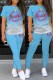 Sky Blue Sportswear Gradual Change Print Letter O Neck Short Sleeve Two Pieces