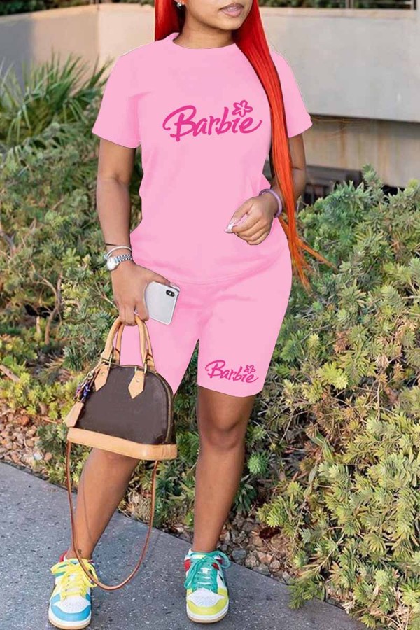Pink Casual Print Letter O Neck Short Sleeve Two Pieces