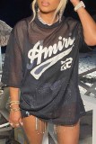 Black Street Print See-through O Neck T-Shirts