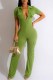 Green Sexy Casual Print Letter Turndown Collar Jumpsuits