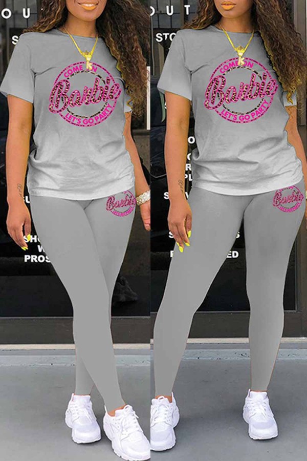 Grey Sportswear Gradual Change Print Letter O Neck Short Sleeve Two Pieces
