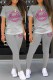 Grey Sportswear Gradual Change Print Letter O Neck Short Sleeve Two Pieces