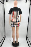 Blue Casual Plaid Patchwork Pocket O Neck Short Sleeve Two Pieces