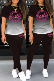 Grey Sportswear Gradual Change Print Letter O Neck Short Sleeve Two Pieces