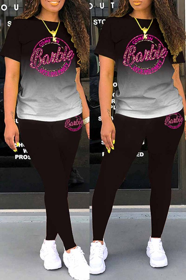 Black Sportswear Gradual Change Print Letter O Neck Short Sleeve Two Pieces