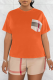 Tangerine Red Casual Plaid Patchwork Pocket O Neck Short Sleeve Two Pieces