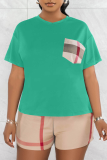 Blue Casual Plaid Patchwork Pocket O Neck Short Sleeve Two Pieces