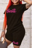 Red Casual Print Letter O Neck Short Sleeve Two Pieces
