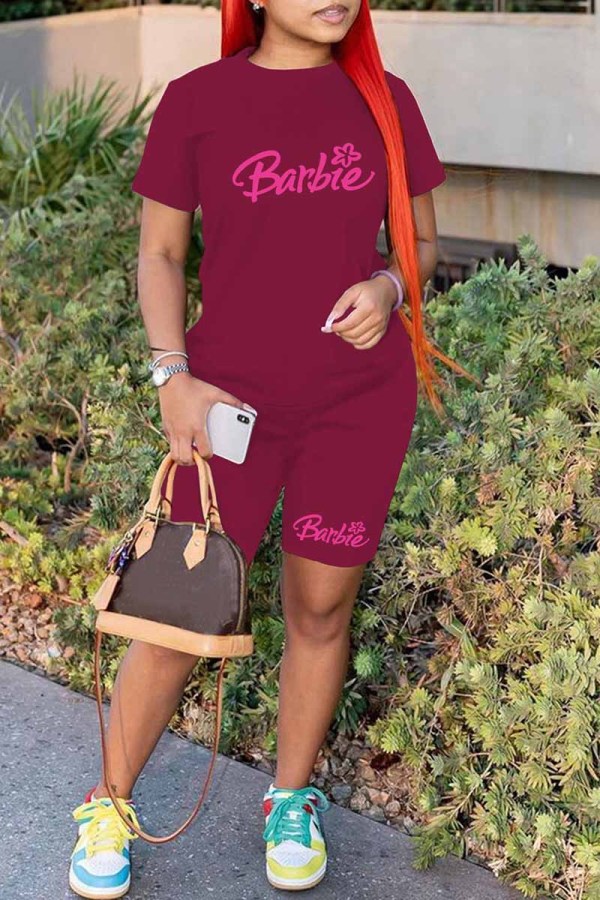 Burgundy Casual Print Letter O Neck Short Sleeve Two Pieces