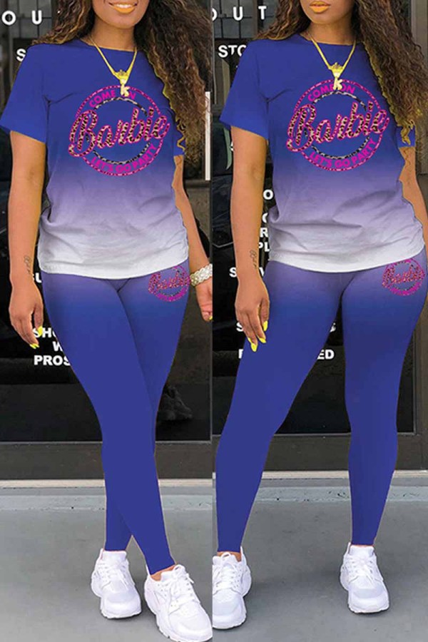 Blue Sportswear Gradual Change Print Letter O Neck Short Sleeve Two Pieces