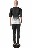 Grey Sportswear Gradual Change Print Letter O Neck Short Sleeve Two Pieces