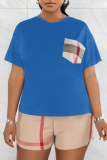 Blue Casual Plaid Patchwork Pocket O Neck Short Sleeve Two Pieces