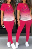 Grey Sportswear Gradual Change Print Letter O Neck Short Sleeve Two Pieces