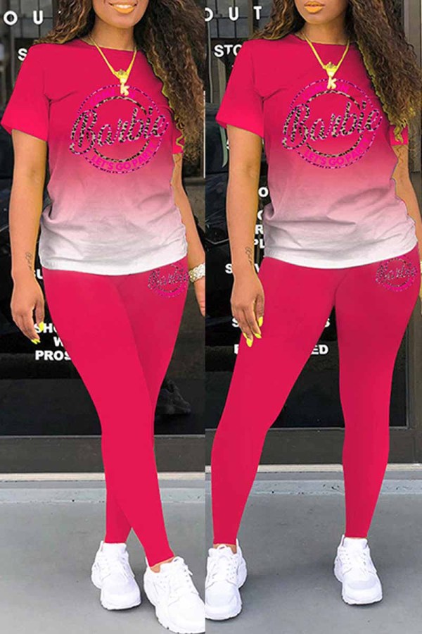 Rose Red Sportswear Gradual Change Print Letter O Neck Short Sleeve Two Pieces