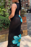 Black Elegant Floral Patchwork O Neck Wrapped Skirt Dresses