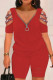 Burgundy Casual Solid Hollowed Out Patchwork Hot Drill V Neck Plus Size Two Pieces