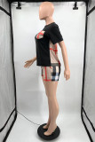 Blue Casual Plaid Patchwork Pocket O Neck Short Sleeve Two Pieces