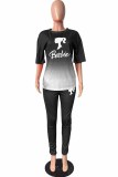 Rose Red Sportswear Gradual Change Print Letter O Neck Short Sleeve Two Pieces