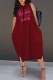 Burgundy Casual Print Letter Hooded Collar Sleeveless Dress Dresses