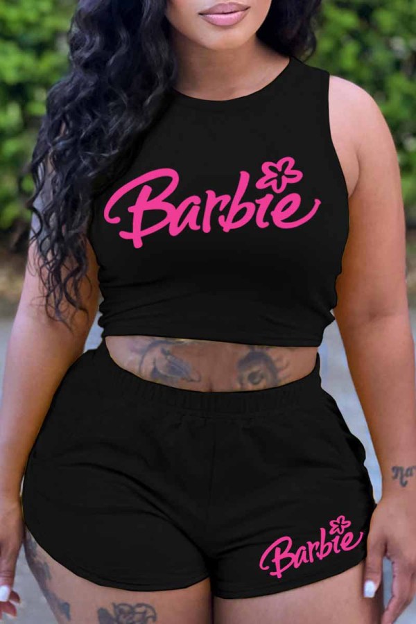 Black Sexy Casual Print Letter O Neck Sleeveless Two Pieces