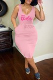 Pink Casual Print Draw String Letter V Neck Irregular Dress Dresses