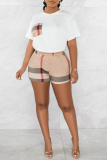 Blue Casual Plaid Patchwork Pocket O Neck Short Sleeve Two Pieces