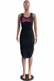 Pink Casual Print Draw String Letter V Neck Irregular Dress Dresses