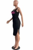 Pink Casual Print Draw String Letter V Neck Irregular Dress Dresses