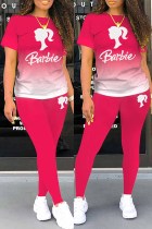 Rose Red Sportswear Gradual Change Print Letter O Neck Short Sleeve Two Pieces