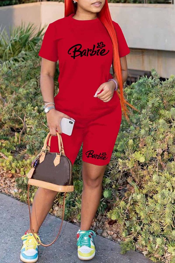 Red Casual Print Letter O Neck Short Sleeve Two Pieces