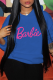 Royal Blue Sweet Daily Print Draw String Letter Hooded Collar Tops