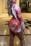 Red Sexy Print Flounce Slit Strap Design Mesh V Neck One Step Skirt Dresses