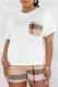 White Casual Plaid Patchwork Pocket O Neck Short Sleeve Two Pieces