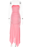 Pink Sexy Solid Patchwork Backless Fold Strapless Irregular Dress Dresses