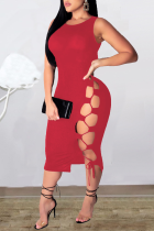Red Sexy Solid Hollowed Out Strap Design O Neck One Step Skirt Dresses