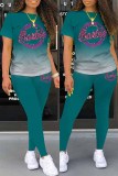 Grey Sportswear Gradual Change Print Letter O Neck Short Sleeve Two Pieces