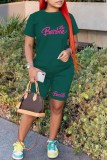 Red Casual Print Letter O Neck Short Sleeve Two Pieces