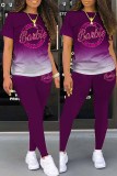 Grey Sportswear Gradual Change Print Letter O Neck Short Sleeve Two Pieces